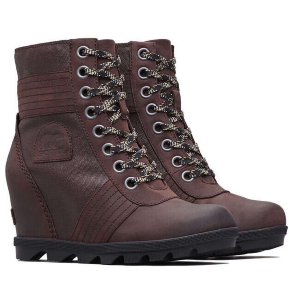 Sorel Womens Lexi Wedge Brown Waterproof Leather Ankle Boots Size 9 Lace Up